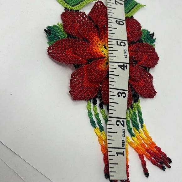 Huichol red flower Colorful Floral Flower Handmade Glass Seed Beaded Necklace - Picture 7 of 7